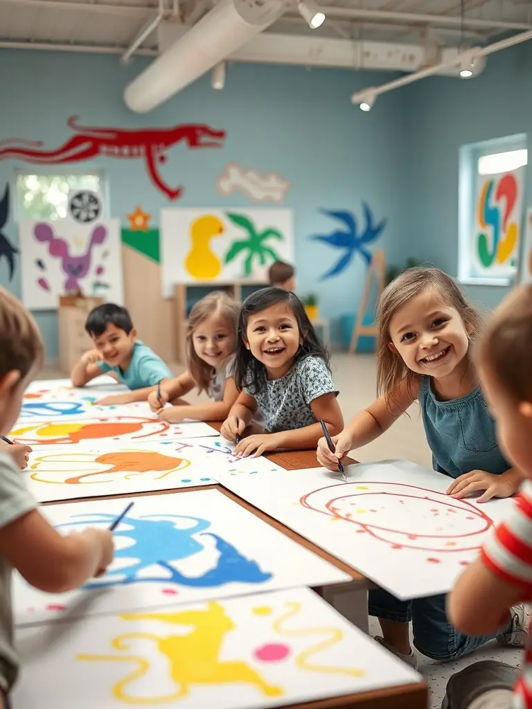 A group of children participating in an art workshop, painting and drawing with enthusiasm, showcasing the creative activities offered by CENTRE ELECTRONIQUE BRIVE COMITE ETABLIS.