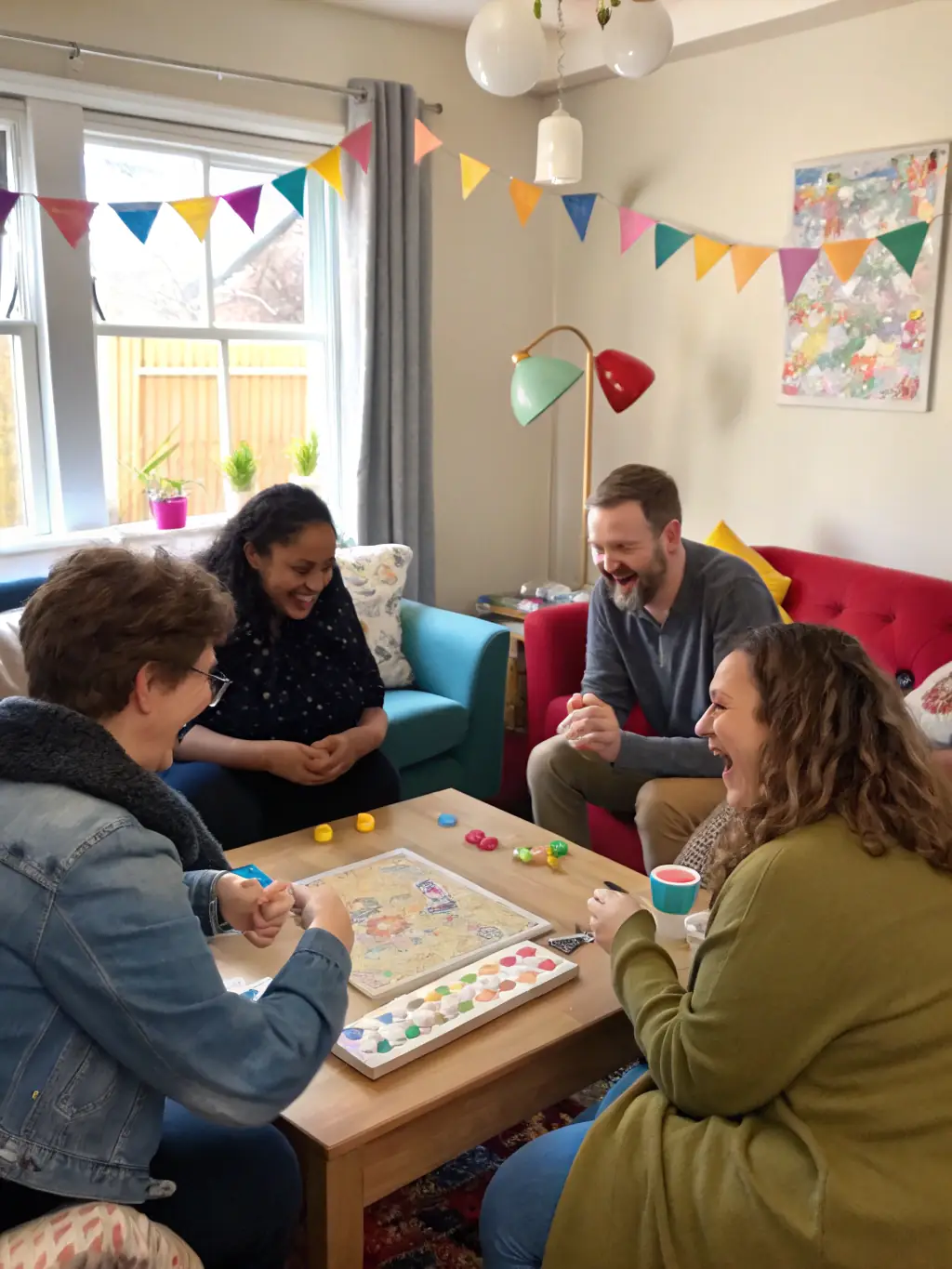 A picture of people playing board games at a table, laughing and enjoying each other's company, highlighting the social aspect of the organization's activities.