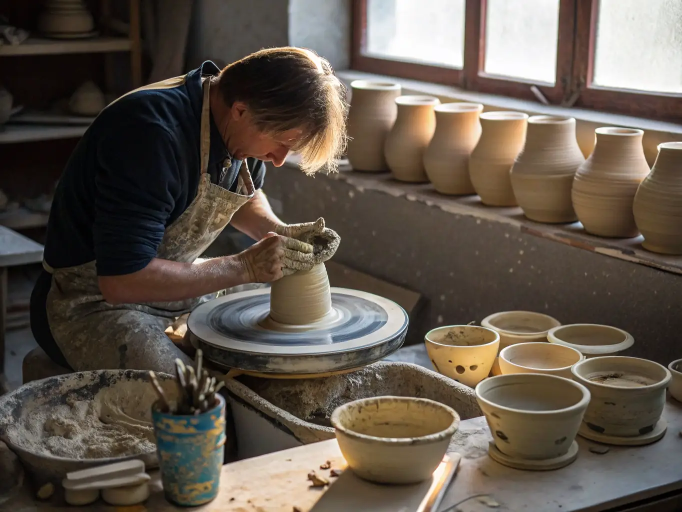 A vibrant photograph showcasing participants engaged in a pottery workshop, with clay, tools, and finished pieces visible, emphasizing creativity and hands-on learning.