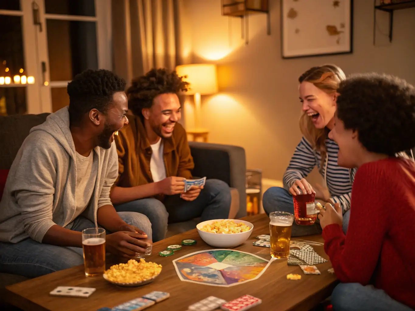 A cozy and inviting image of people playing board games and card games at tables, emphasizing social interaction and strategic thinking.