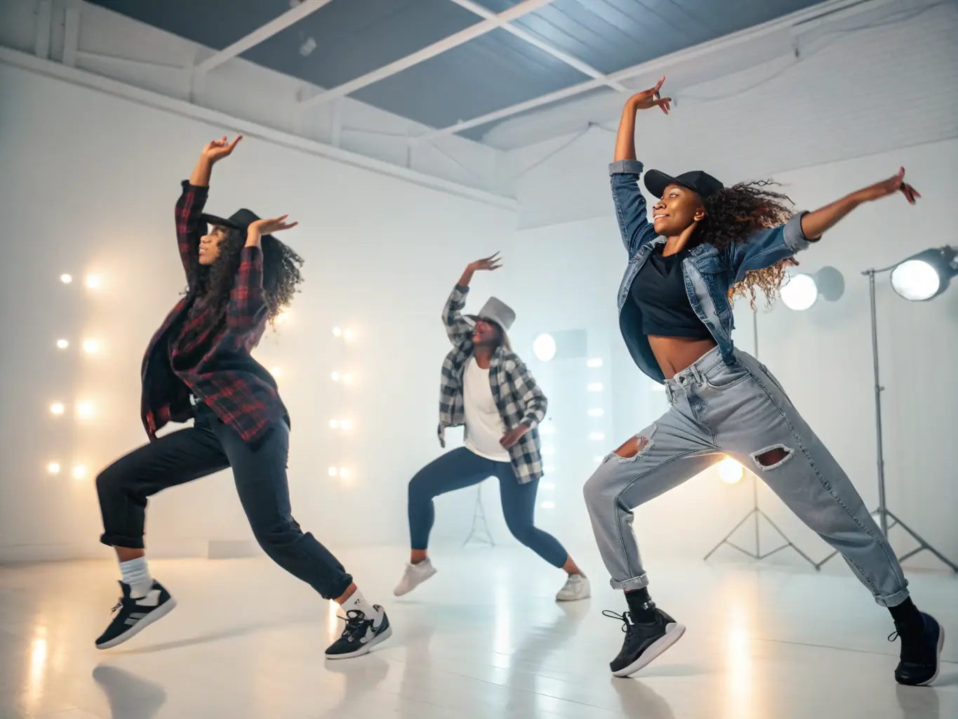 A dynamic image of a group participating in a dance class, with energetic movements and smiles, highlighting the joy and physical activity involved.