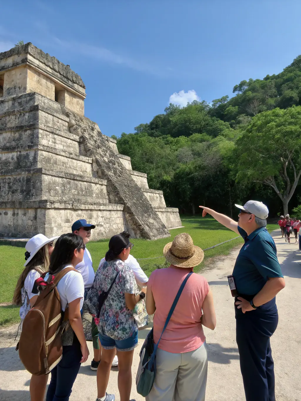 A photo of a group of people on a guided tour of a local historical site, listening attentively to the guide, illustrating the cultural excursions organized by the organization.